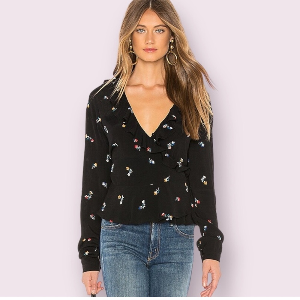 Rails Simone wrap blouse in navy Kyoto floral print white blue purple ruffle